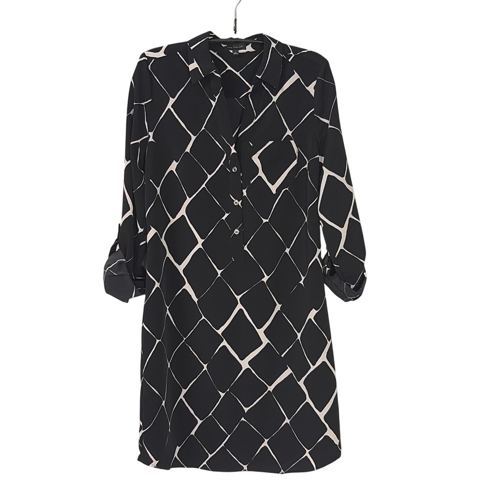 The Limited Black White Geometric Diamond Print Button Front Shirt Dress Small